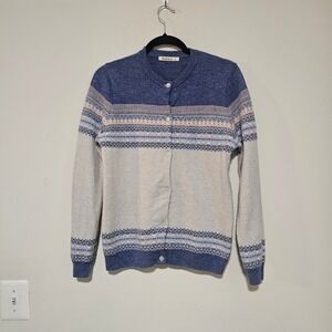 WoolOvers Women Cardigan M Blue Fair Isle‎ 100% Merino Wool Button Front Sweater
